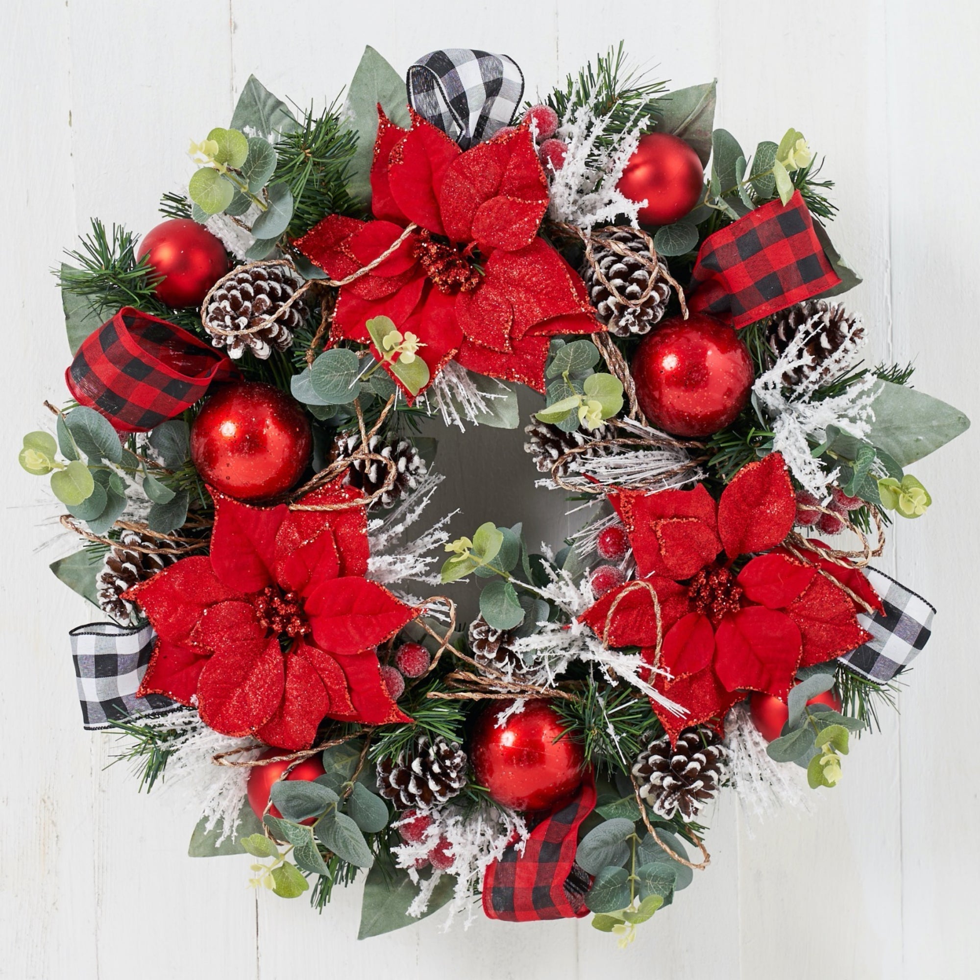 Civilized 22 Christmas Red Poinsettia Wreath Check Ribbon GEN09